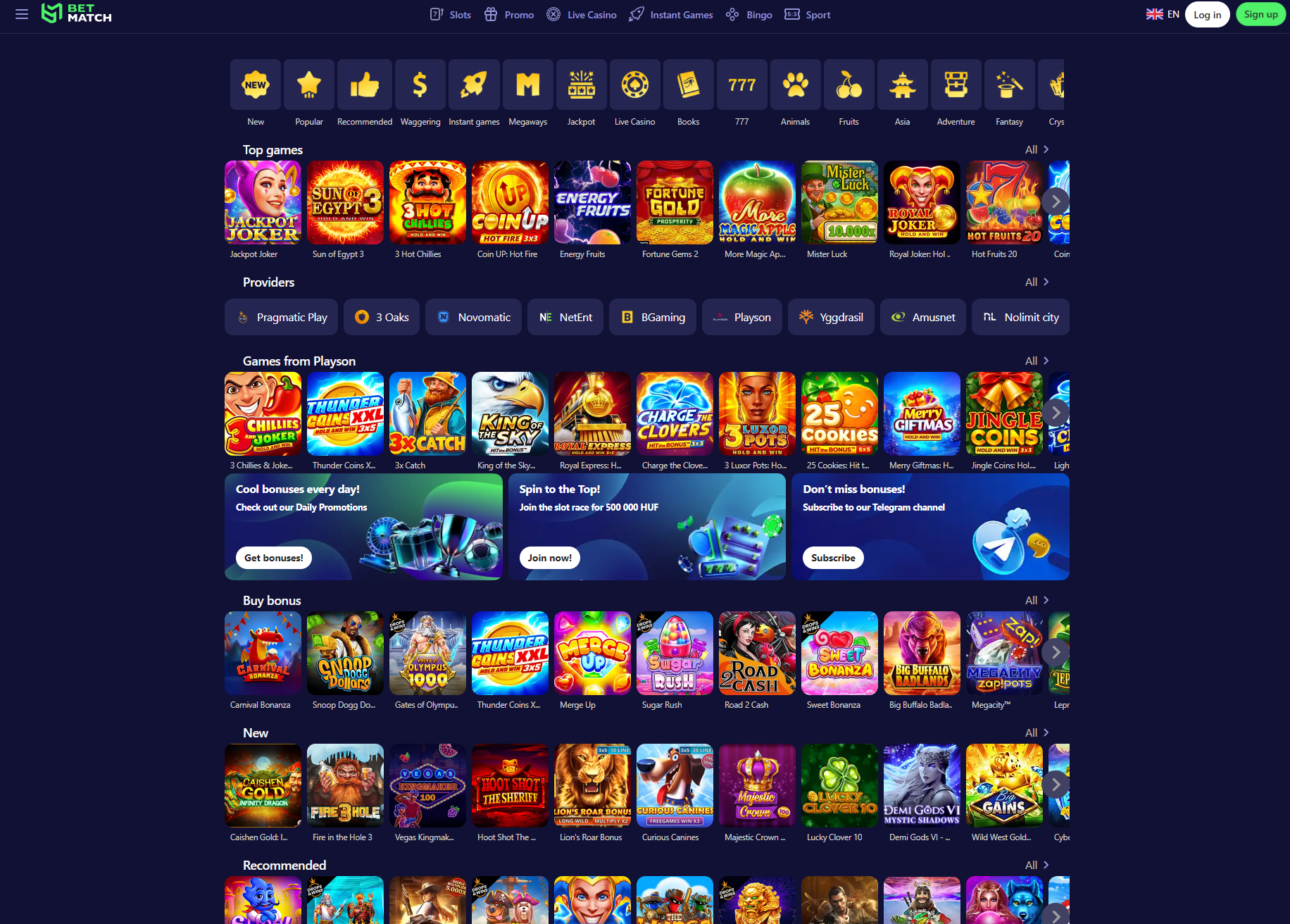 BetMatch game lobby showing slots and casino games