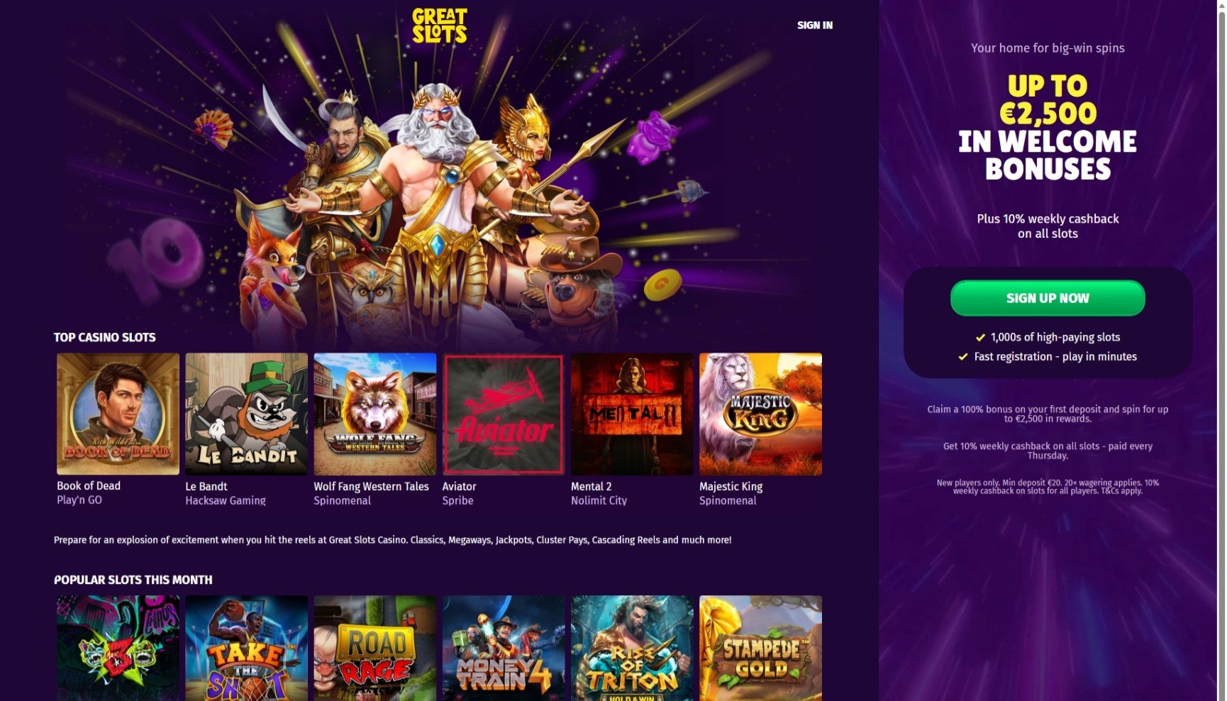Great Slots casino homepage with €2,500 welcome bonus banner