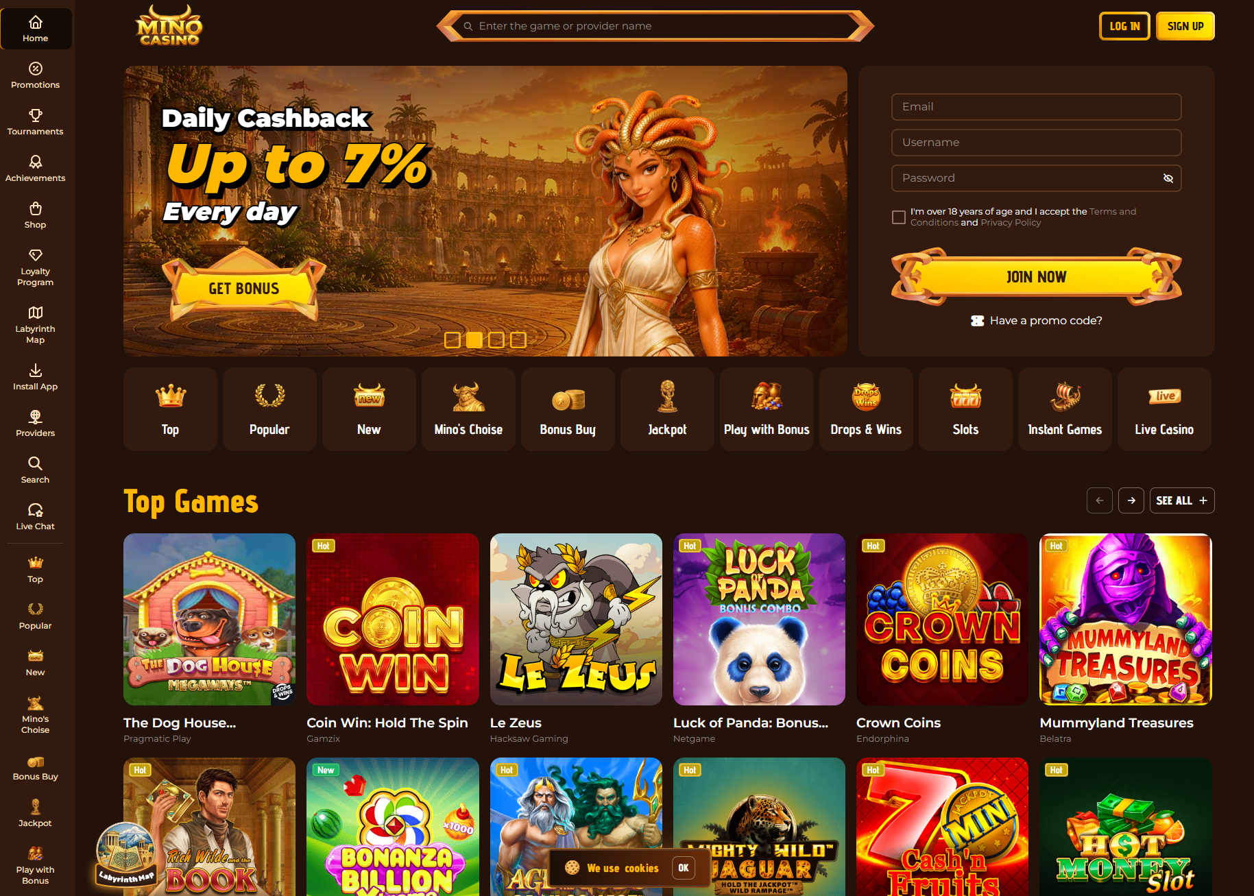 MinoCasino lobby showing the slots library and welcome banner