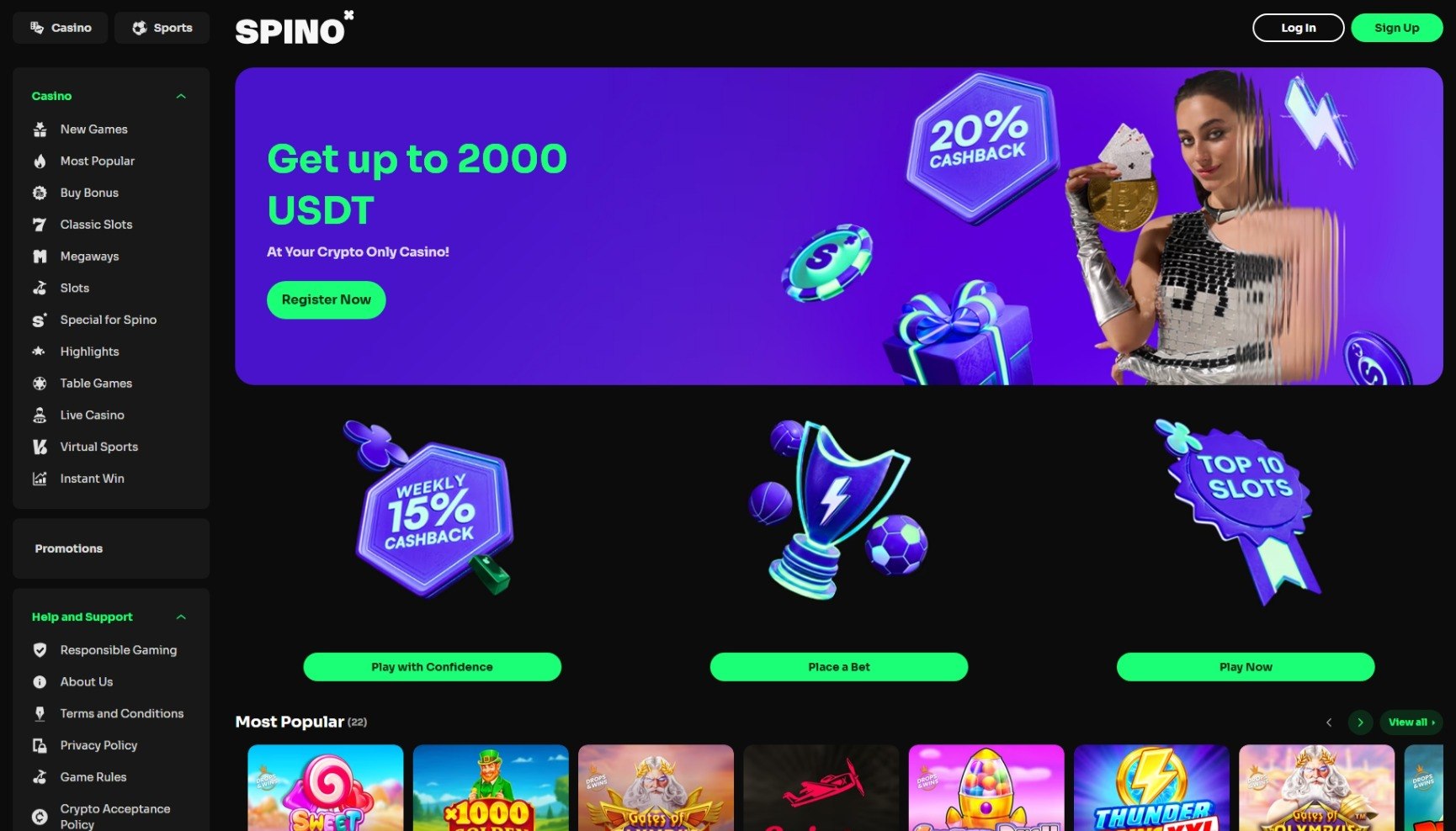 Spino casino lobby with 2000 USDT welcome cashback banner